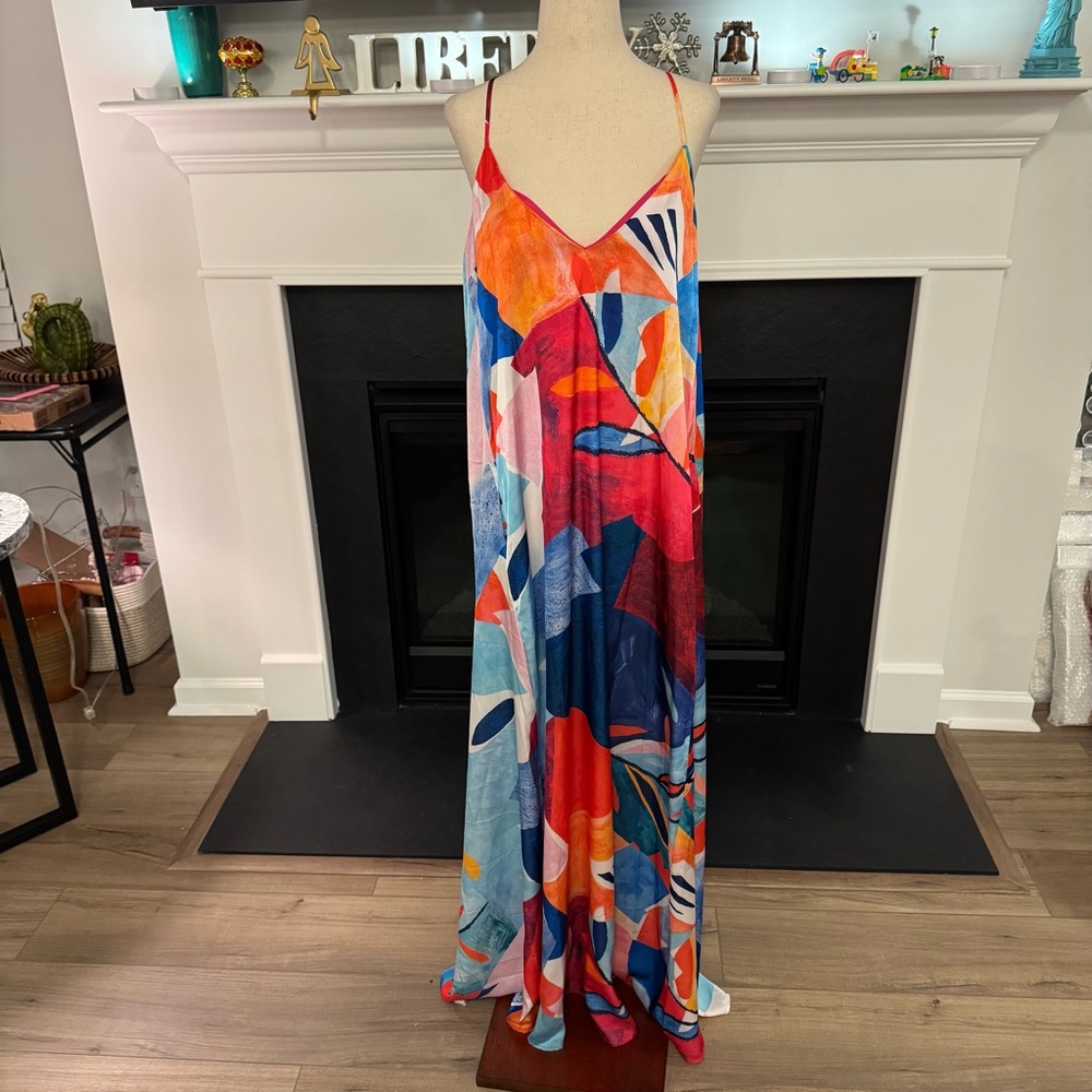🎨 Nicole Miller New York Abstract Watercolor Maxi Dress – Size L - Picture 1 of 11